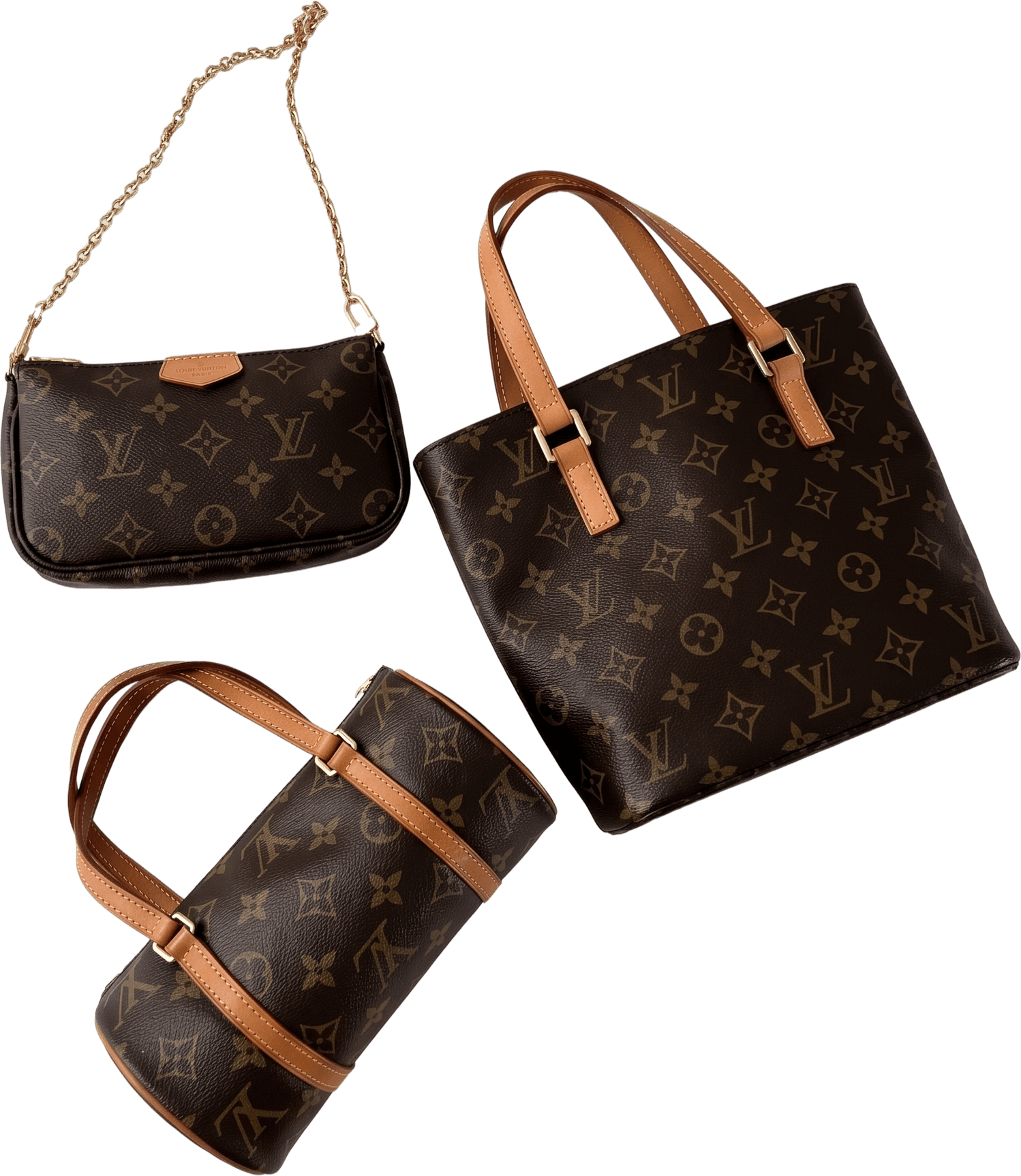 Three Louis Vuitton Monogram bags laid flat