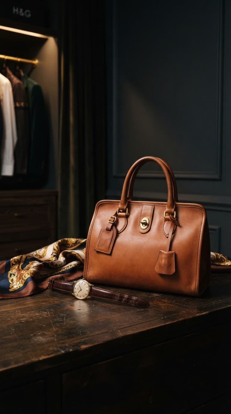 A tan leather doctor bag beside a vintage gold wristwatch and a silk scarf