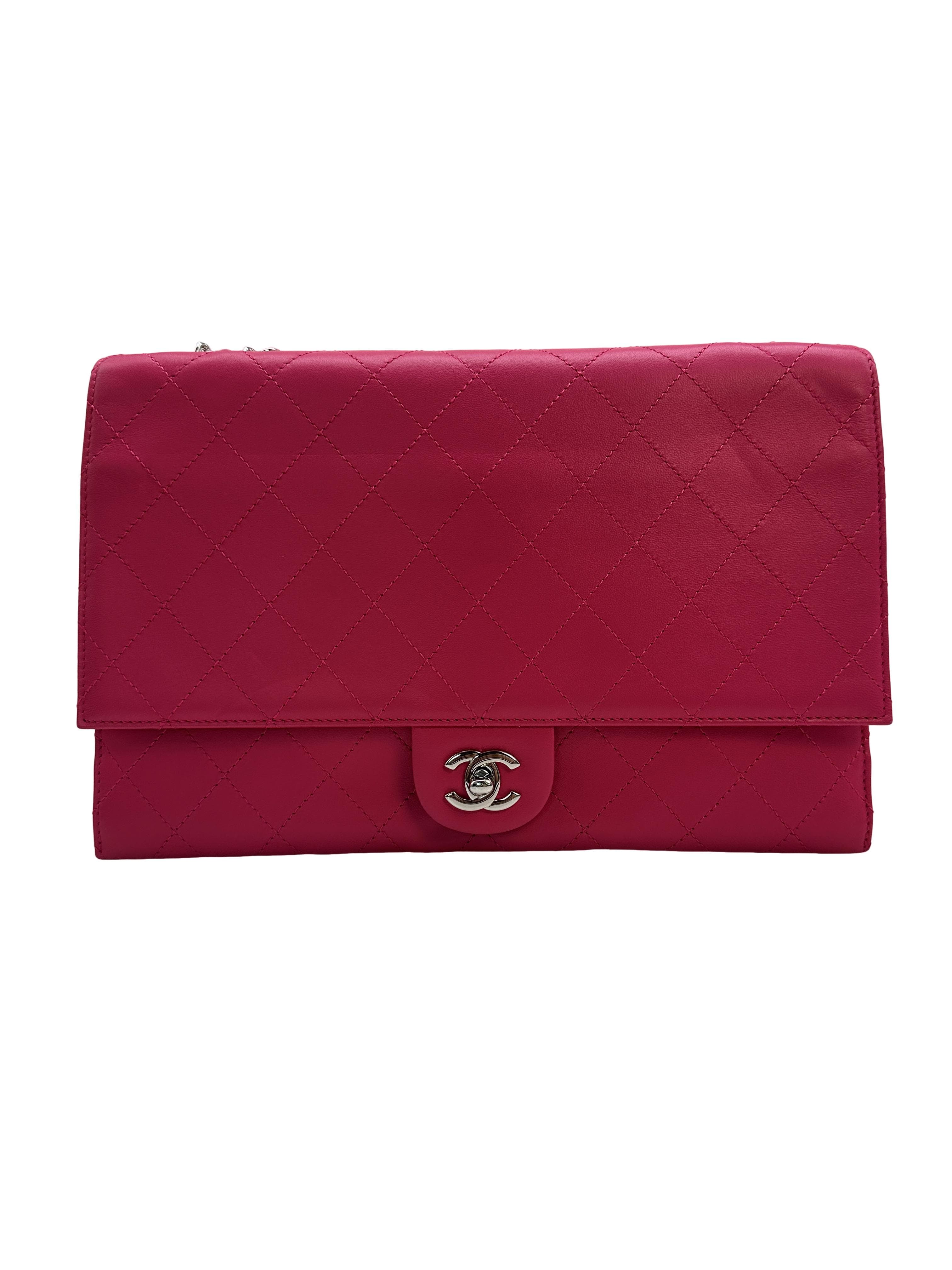 Chanel Classic Flap Wallet on Chain (WOC) in Pink Lambskin with Silver Hardware