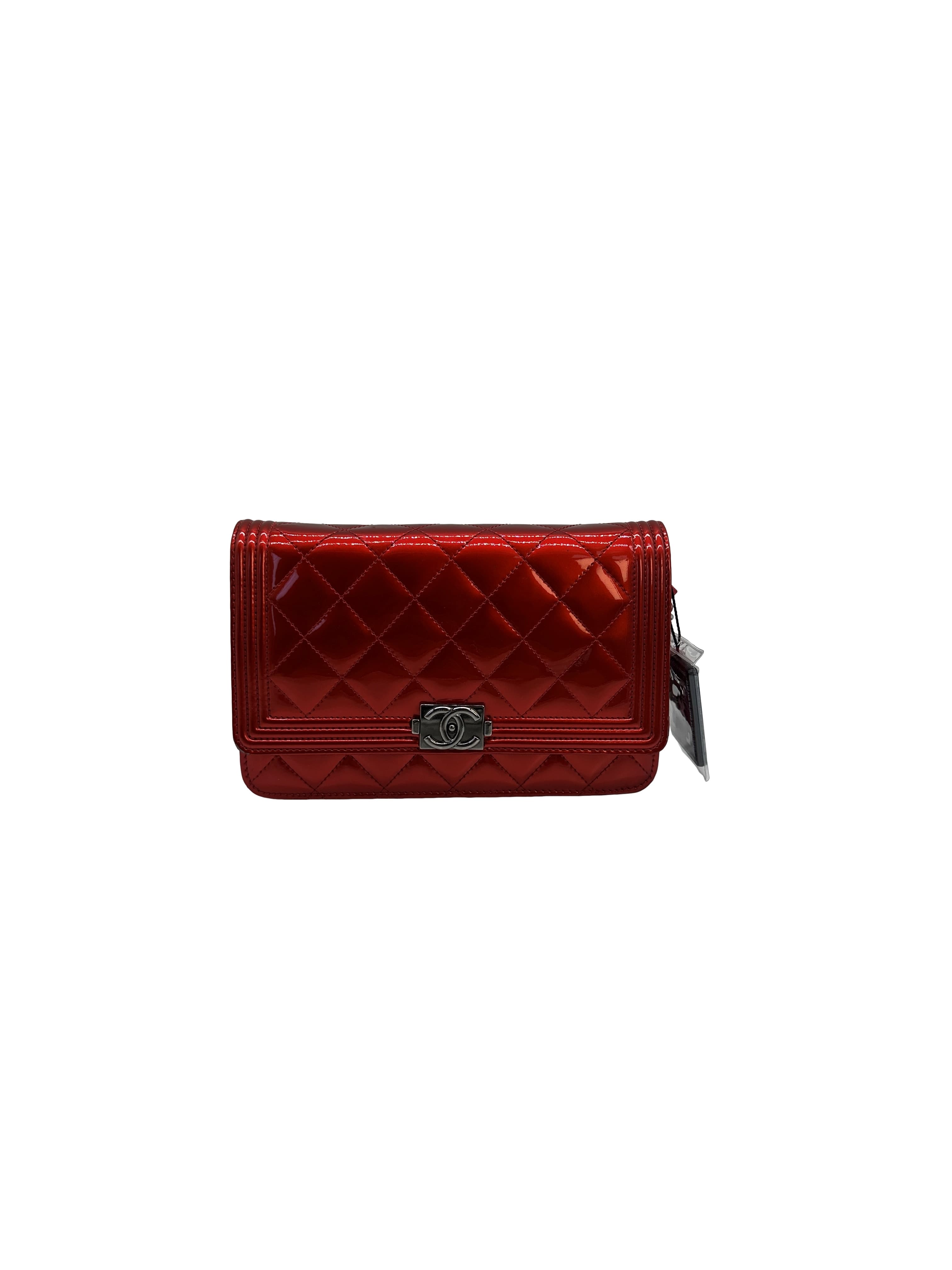 Chanel Patent Boy Wallet On Chain - Red Crossbody Bags