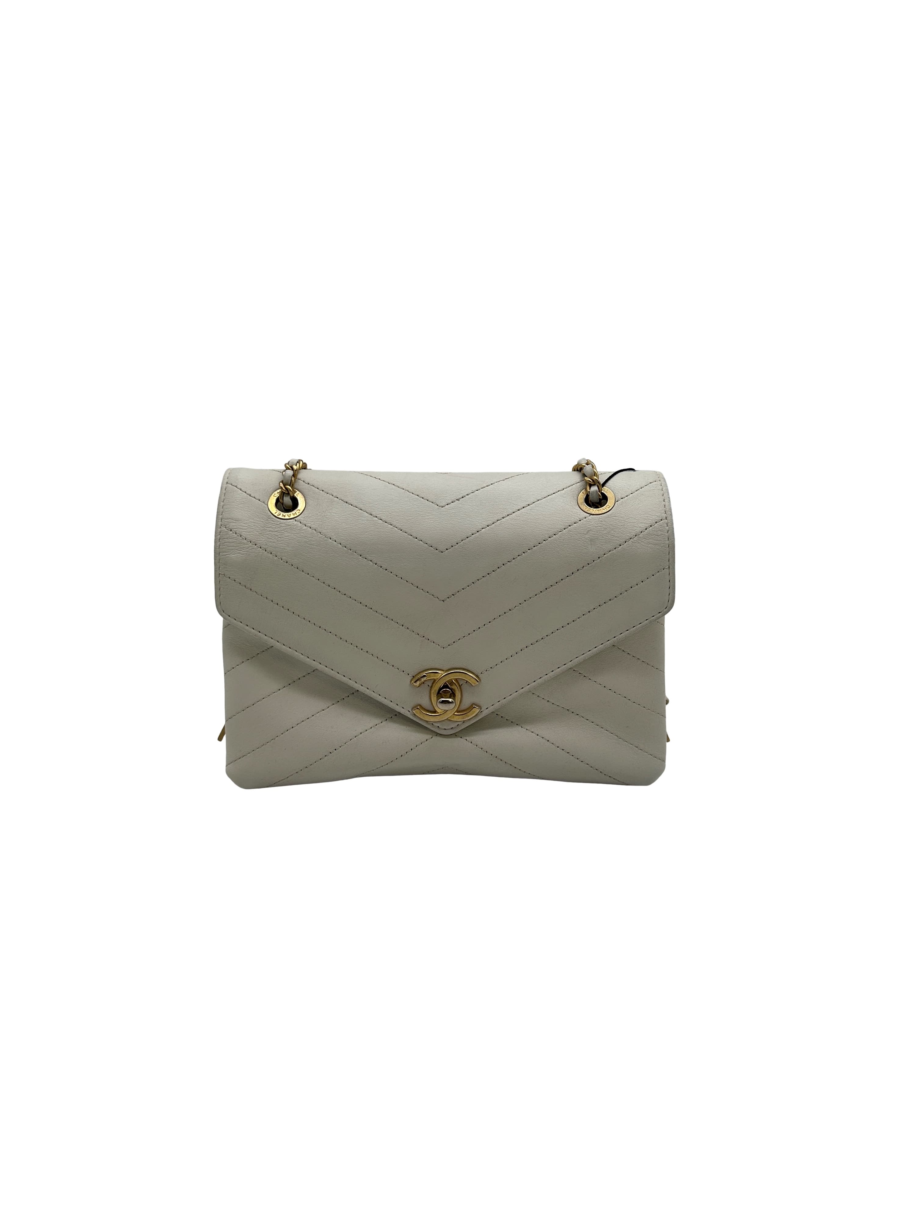 Chanel Coco Chevron Flap Bag Ivory Lambskin Light Gold