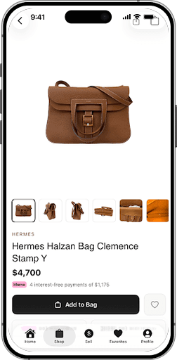 The Saconde iOS app showing a Hermès Halzan bag product page