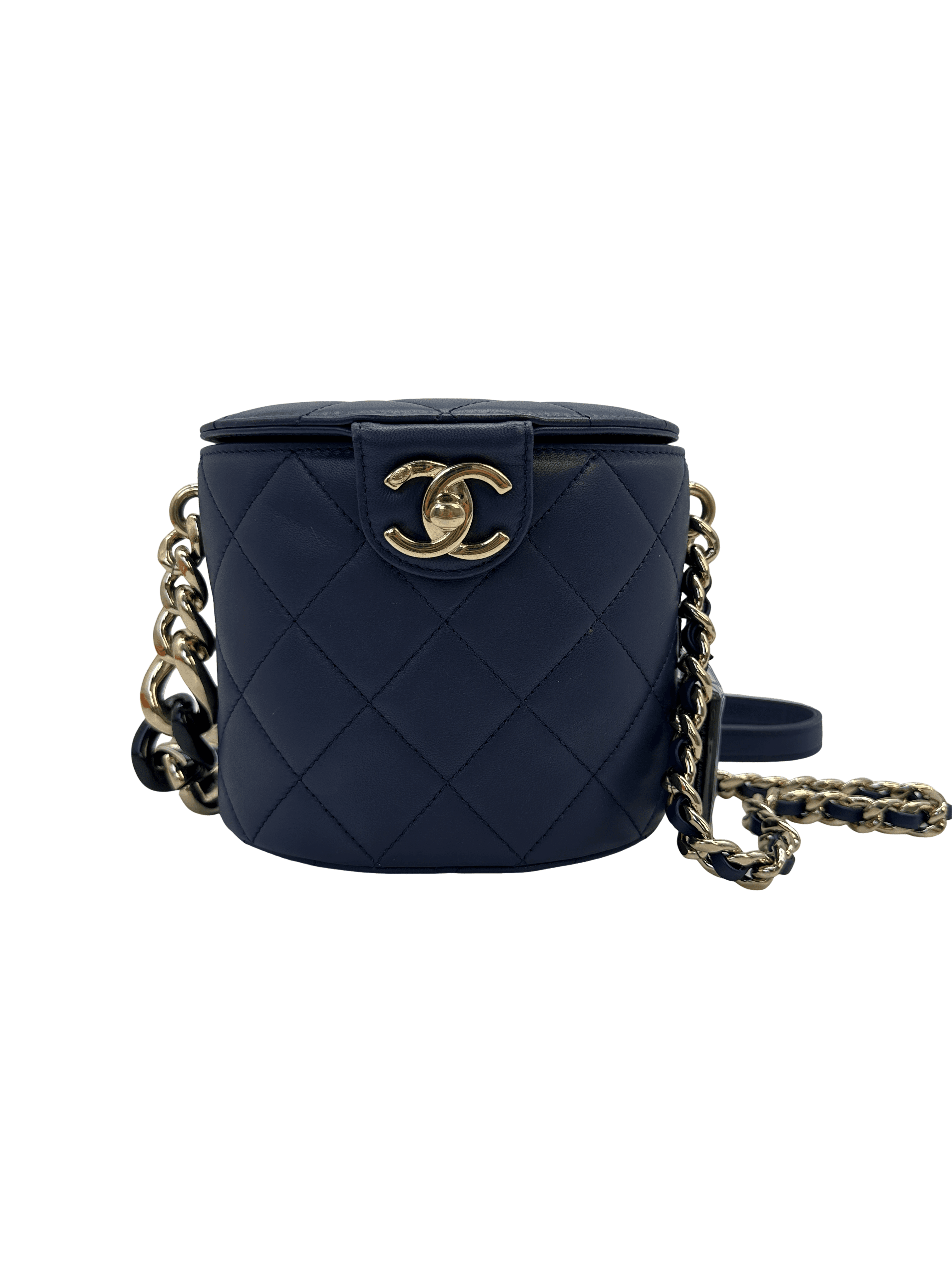 Chanel Quilted Lambskin Round Vanity Case with Chain Strap