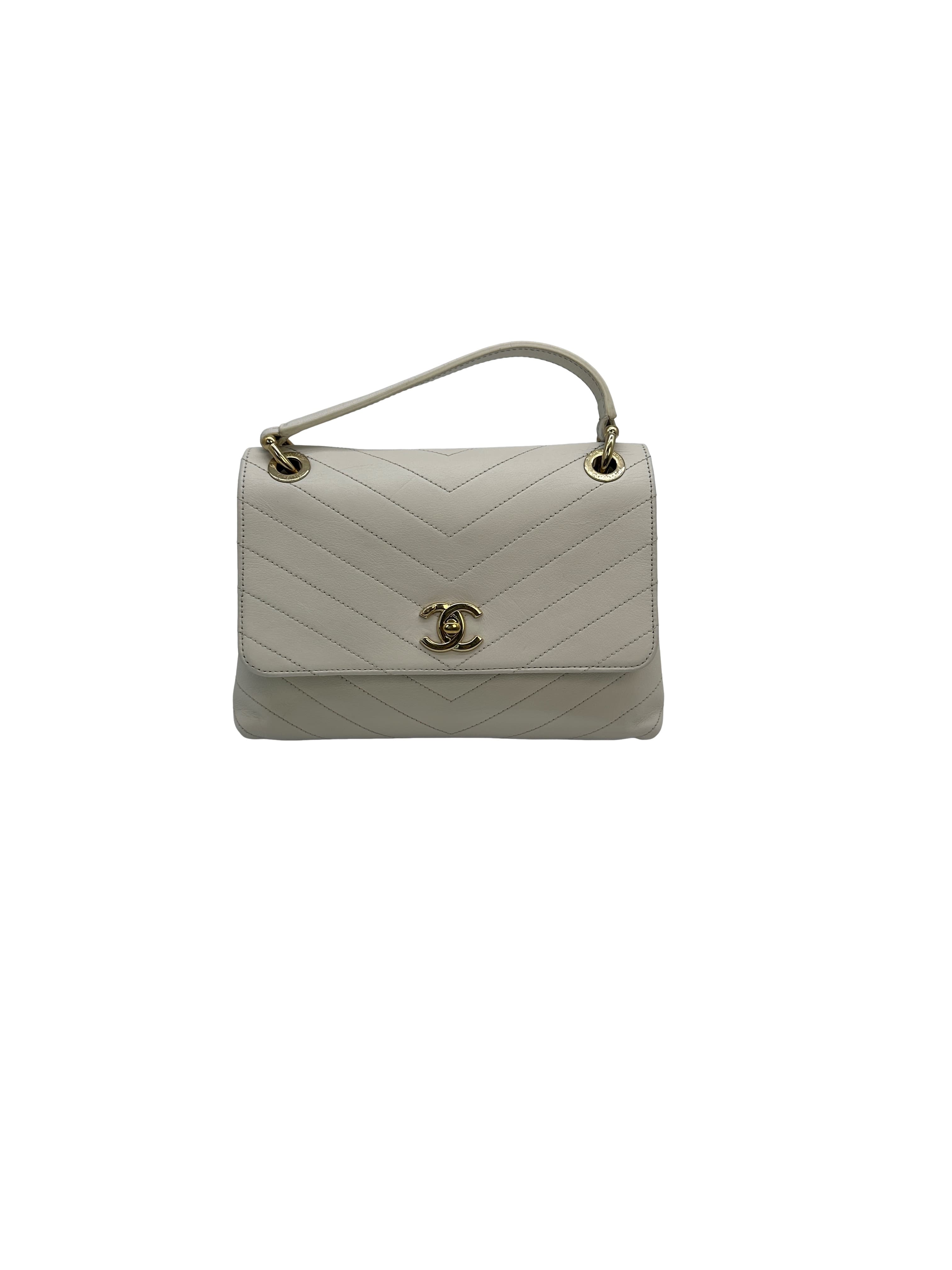 Chanel White Chevron Leather Top Handle Bag