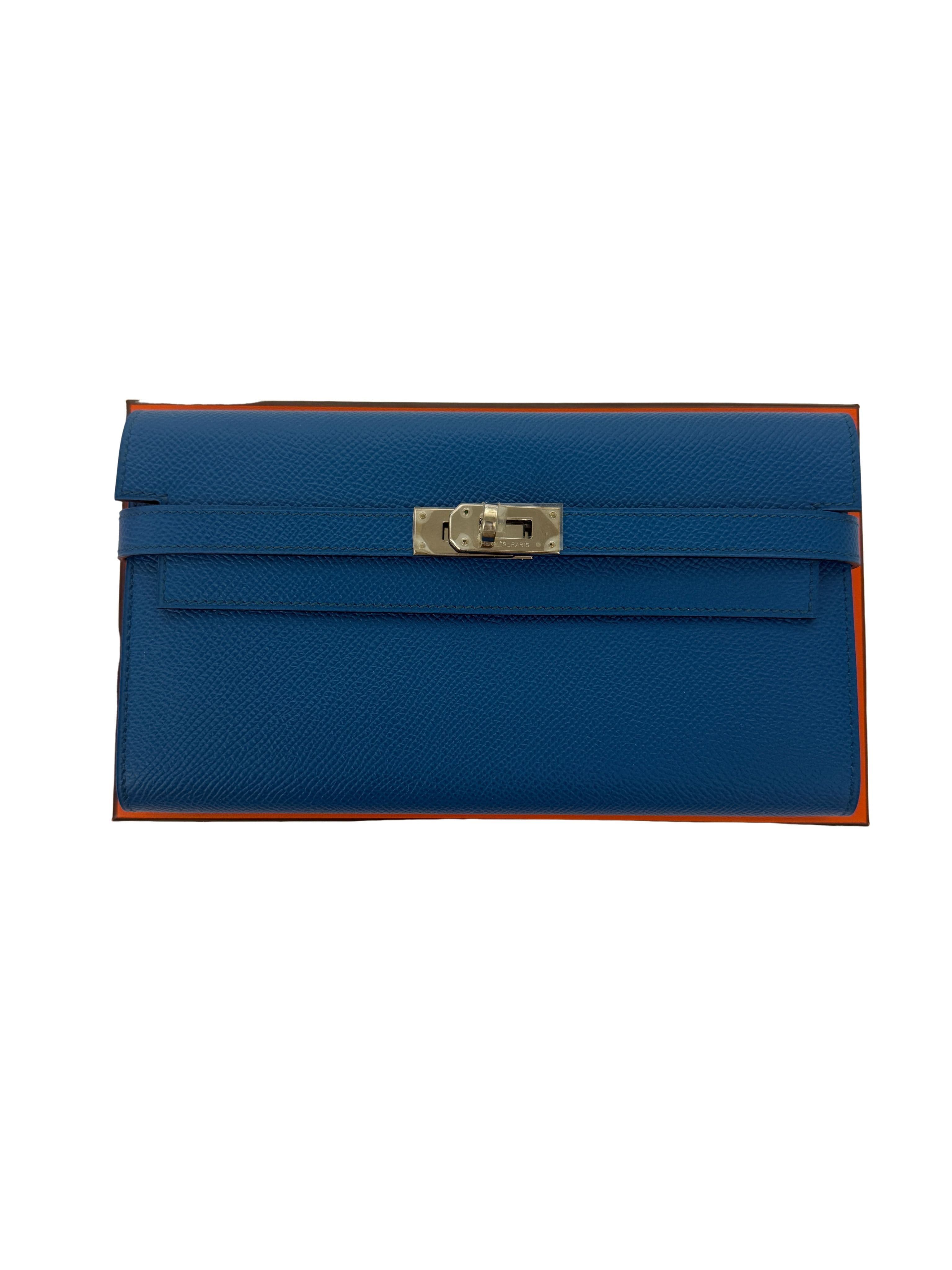 Hermes Blue Izmir Epsom Leather Kelly Long Wallet