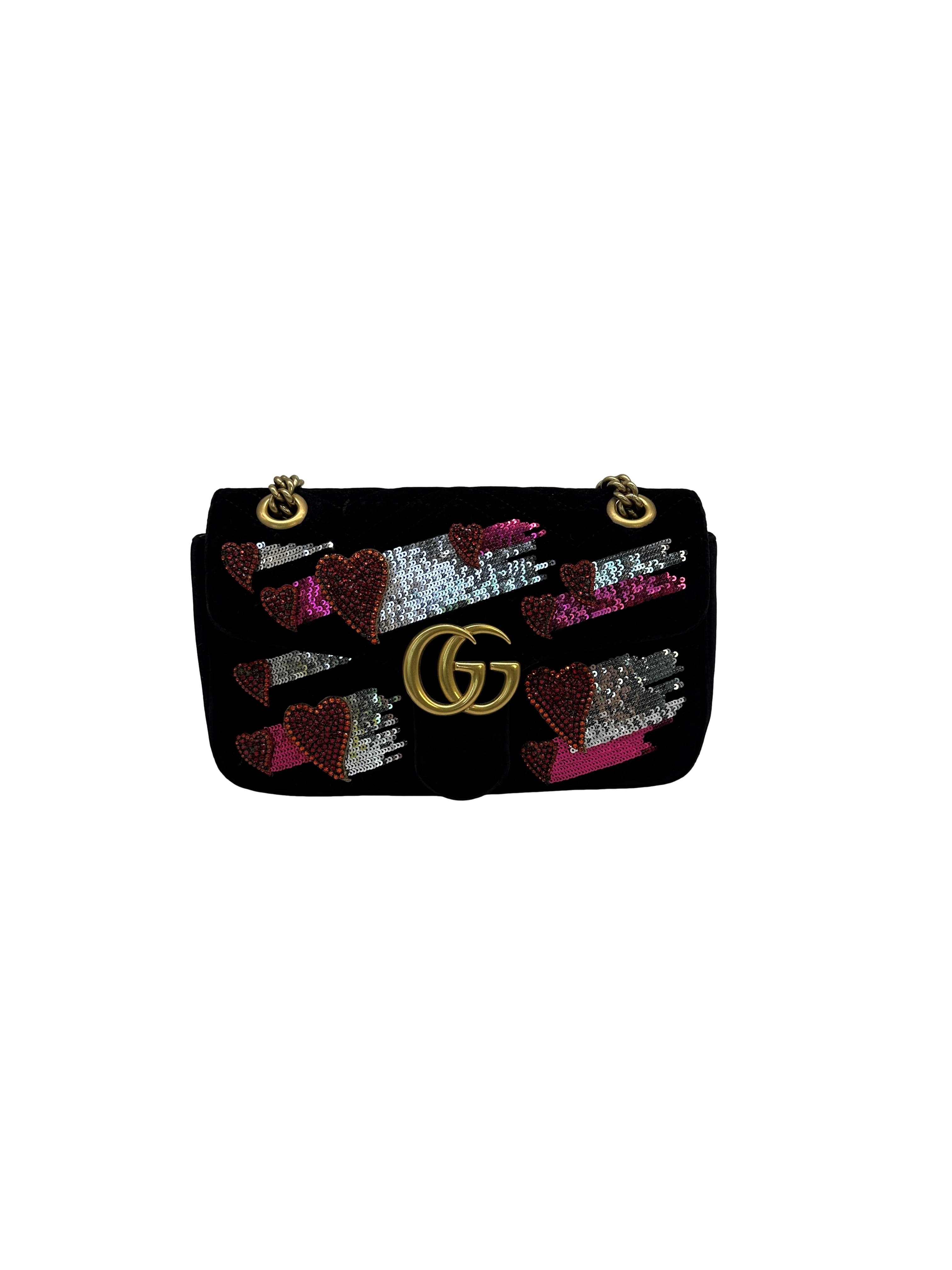 Gucci Velvet Matelasse Crystal Sequin Heart Embroidered