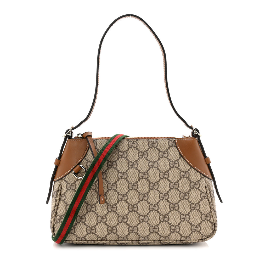 GG Supreme Monogram Textured Calfskin Small Emblem Shoulder Bag Beige Dark Brown