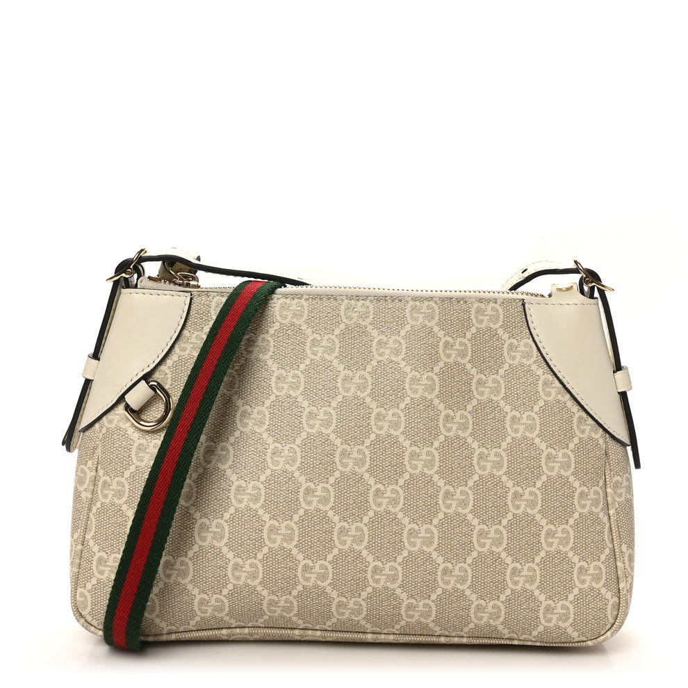 GG Supreme Monogram Textured Calfskin Small Emblem Shoulder Bag Beige Mystic White