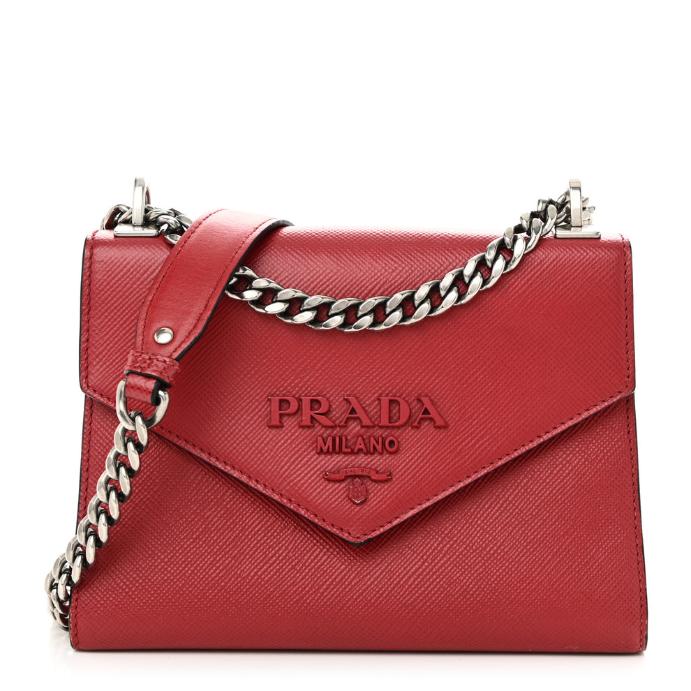 Saffiano Cuir Calfskin Monochrome Envelope Flap Chain Shoulder Bag Fuoco