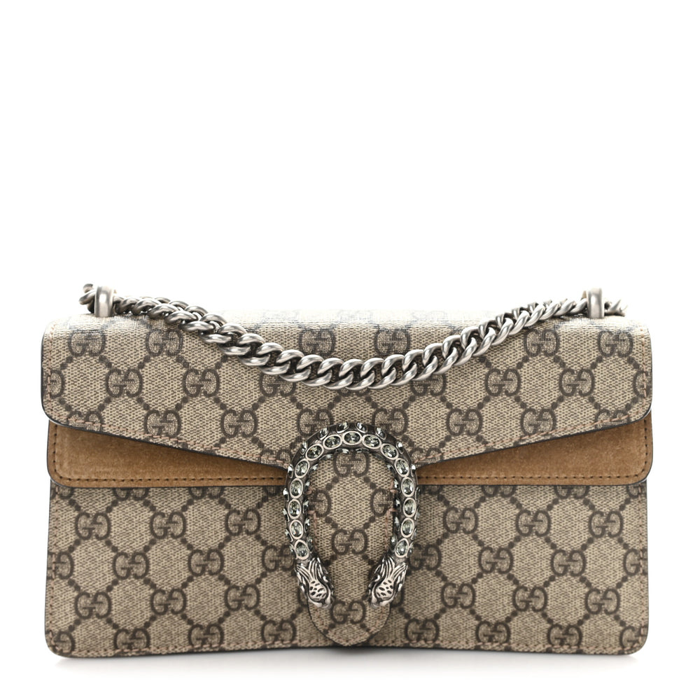 GG Supreme Monogram Suede Crystal Small Dionysus Shoulder Bag Beige Ebony Taupe