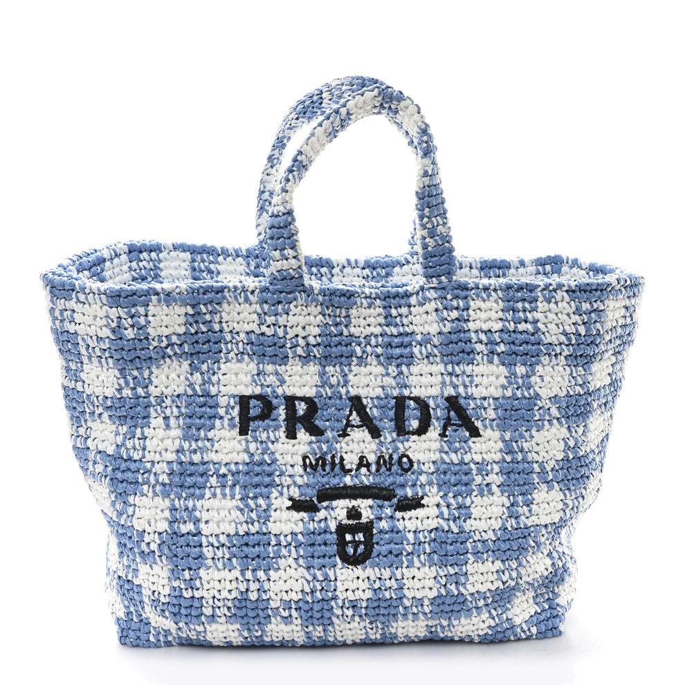 Yarn Raffia Effect Crochet Embroidered Large Logo Tote Celeste