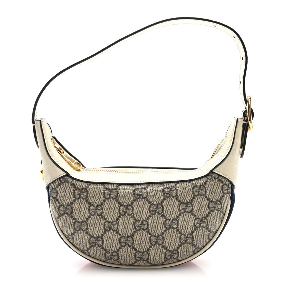 GG Supreme Monogram Textured Dollar Calfskin Web Mini Ophidia Half Moon Hobo Beige Ebony Mystic White