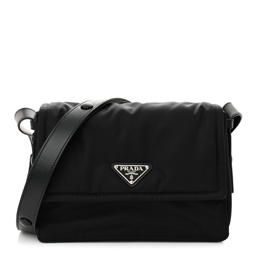 Re-Nylon Vitello Padded Small Flap Shoulder Bag Black