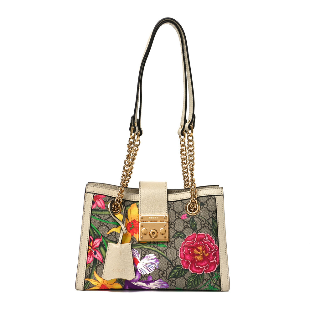 GG Supreme Monogram Flora Textured Calfskin Small Padlock Tote Beige Ebony Multicolor Mystic White