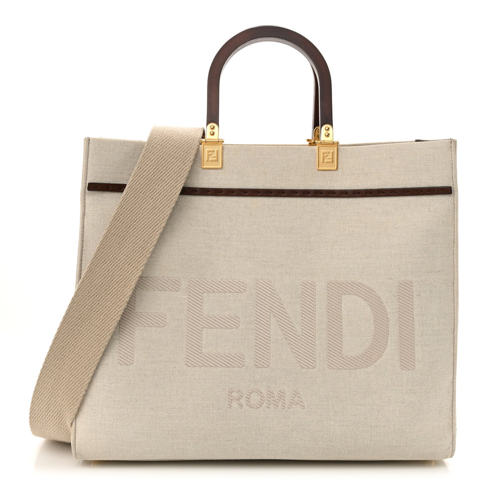 Canvas Vitello King Logo Embroidered Medium Fendi Sunshine Shopper Tote Grezzo Ghianda