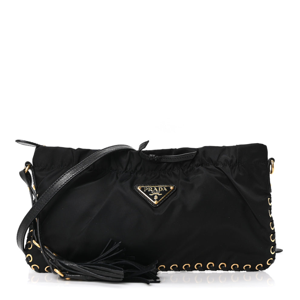Tessuto Nylon Whipstitch Grommet Tassel Shoulder Bag Black