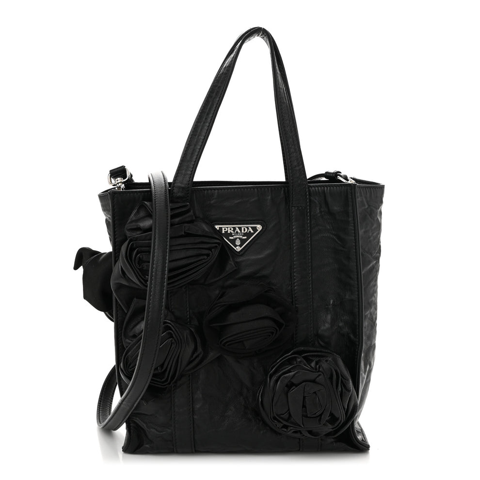 Nappa Antique Rosette Flower Mini Tote Bag Black