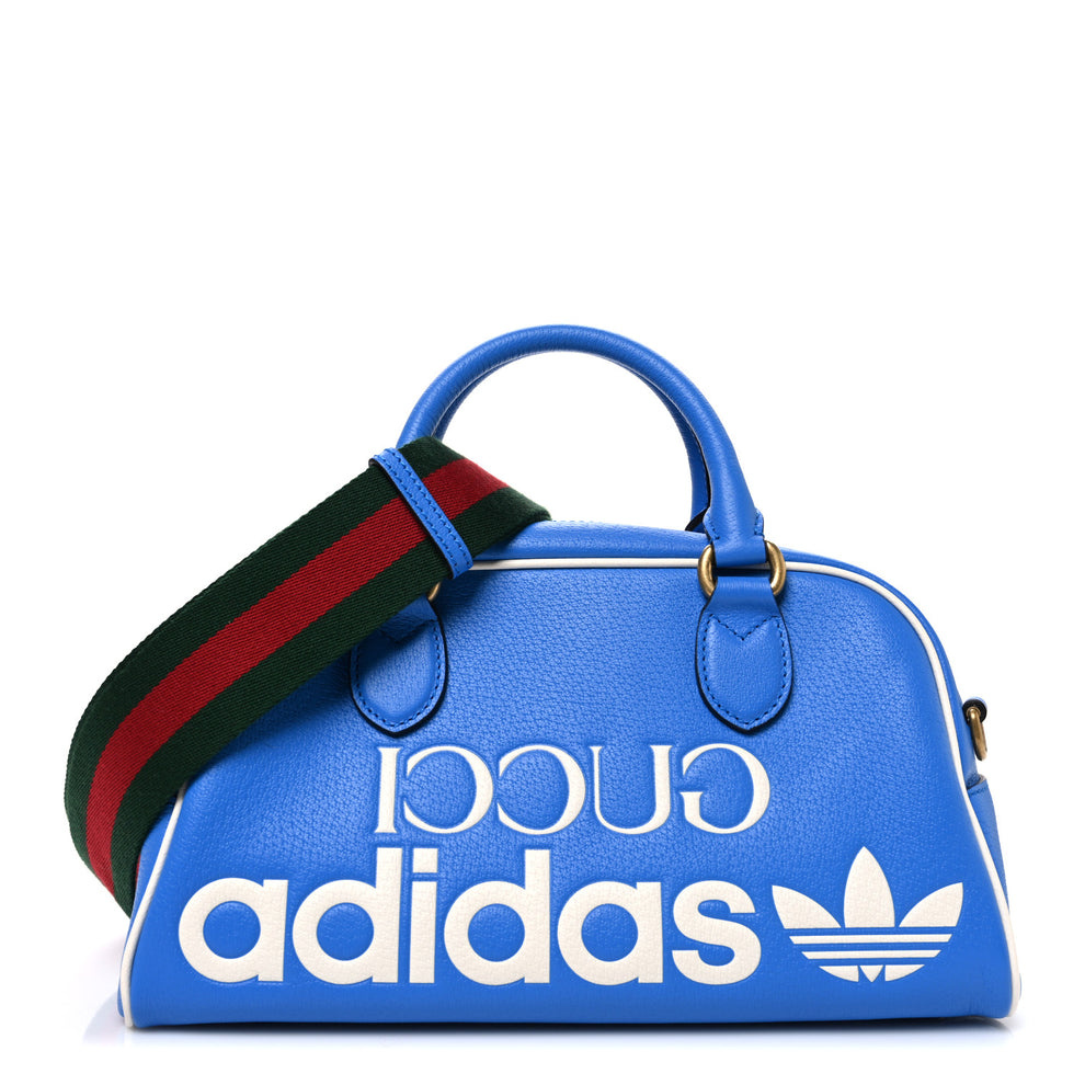 X ADIDAS Textured Dollar Calfskin Web Trefoil Logo Embossed Mini Bowling Bag Blue