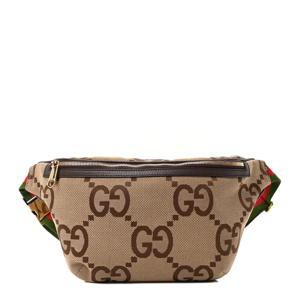 Monogram Jumbo GG Textured Dollar Calfskin Web Belt Bag Camel Ebony New Acero