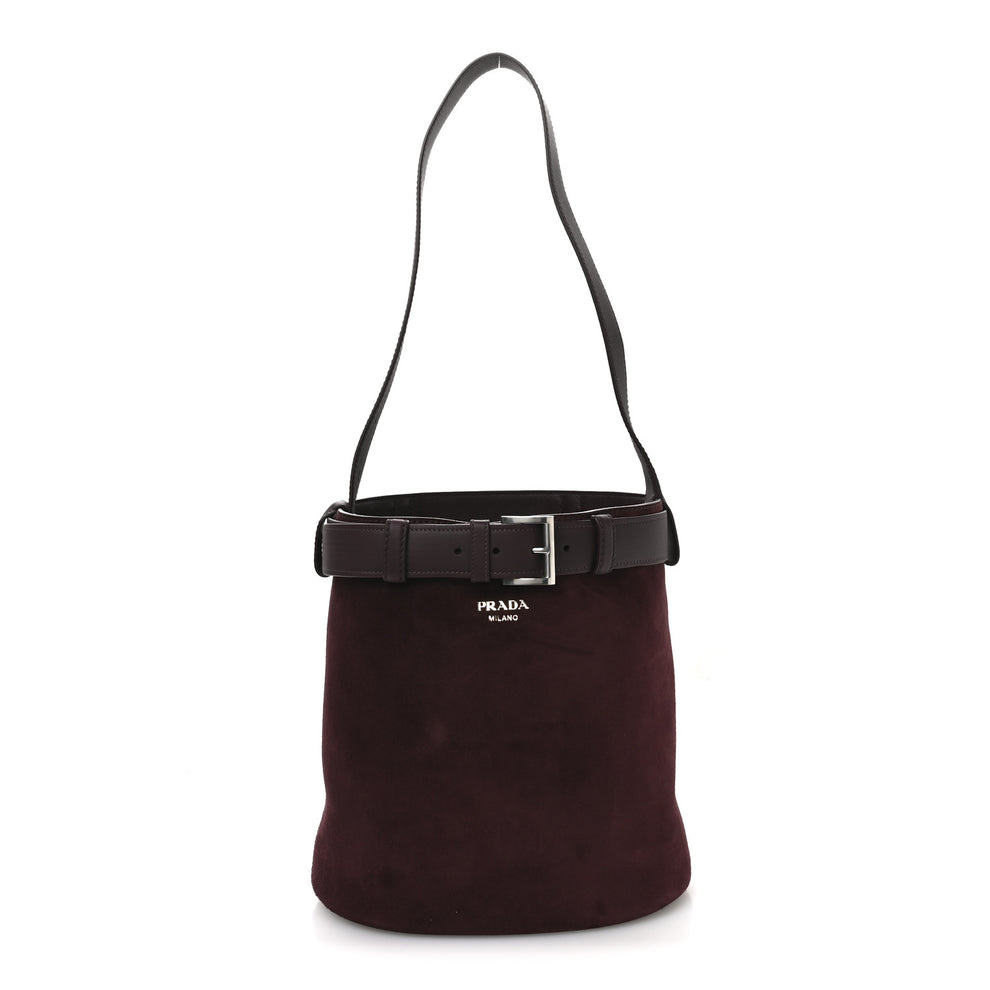 Suede Buckle Bucket Bag With Belt Burgundy