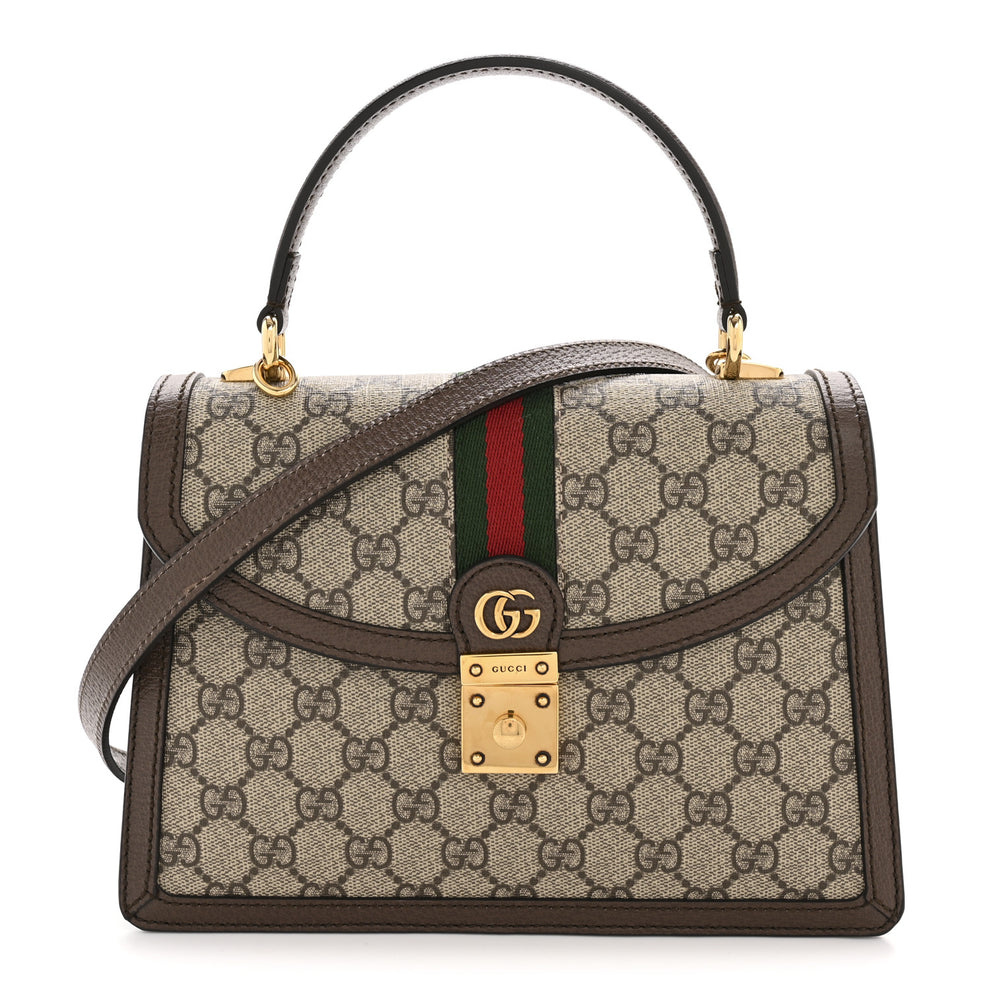 GG Supreme Monogram Textured Dollar Calfskin Web Small Ophidia Padlock Top Handle Bag Beige Ebony New Acero