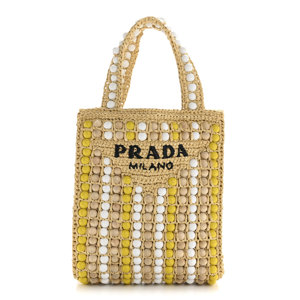 Raffia Wood Bead Embroidered Logo Tote Bag Naturale