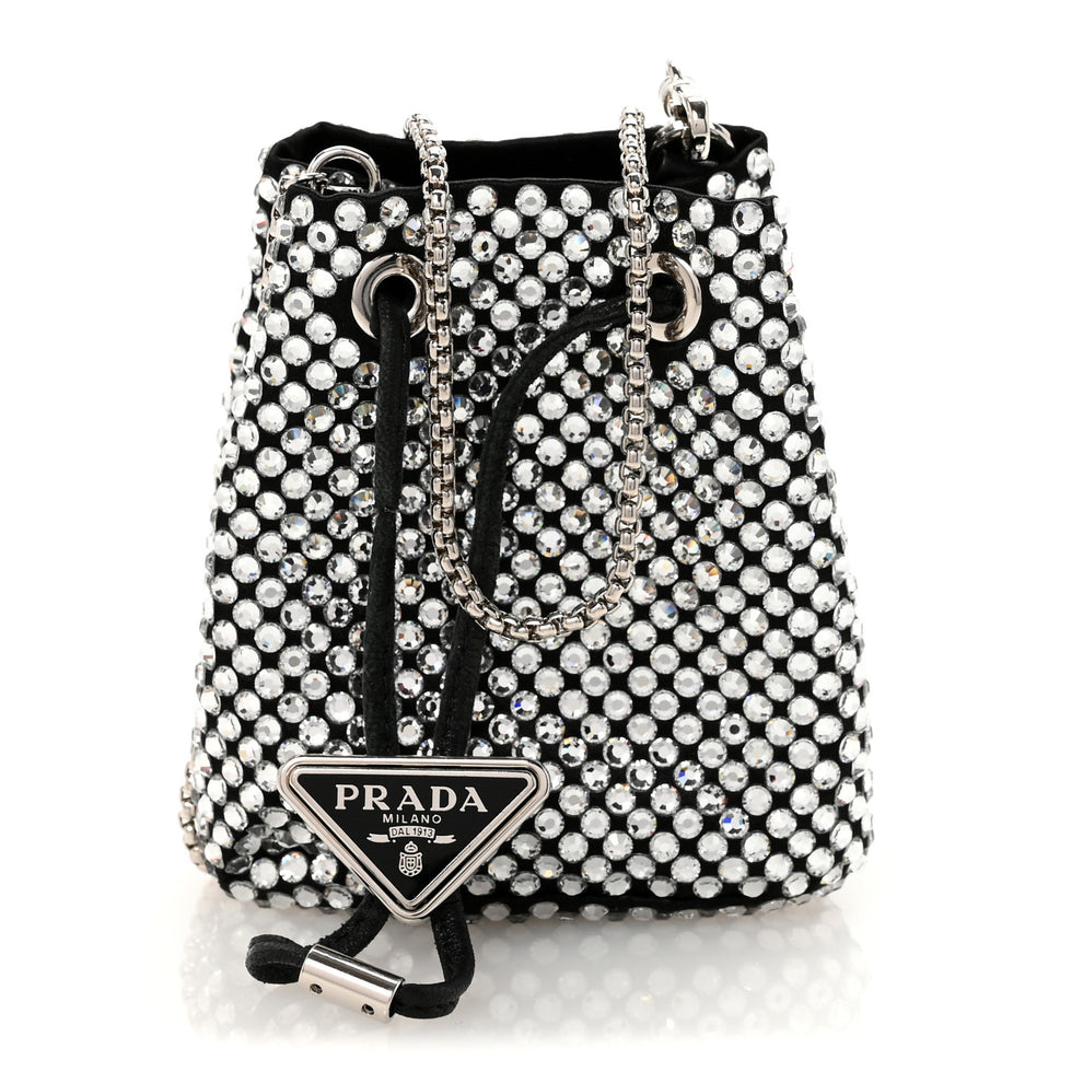 Satin Crystal Metal Triangle Logo Mini Drawcord Pouch Shoulder Bag Cristal