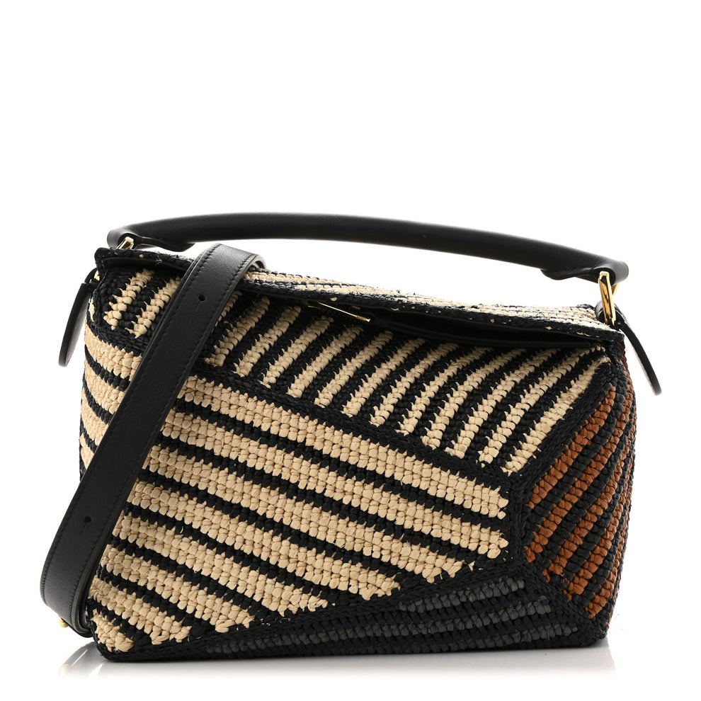 Raffia Calfskin Small Puzzle Bag Natural Honey Gold