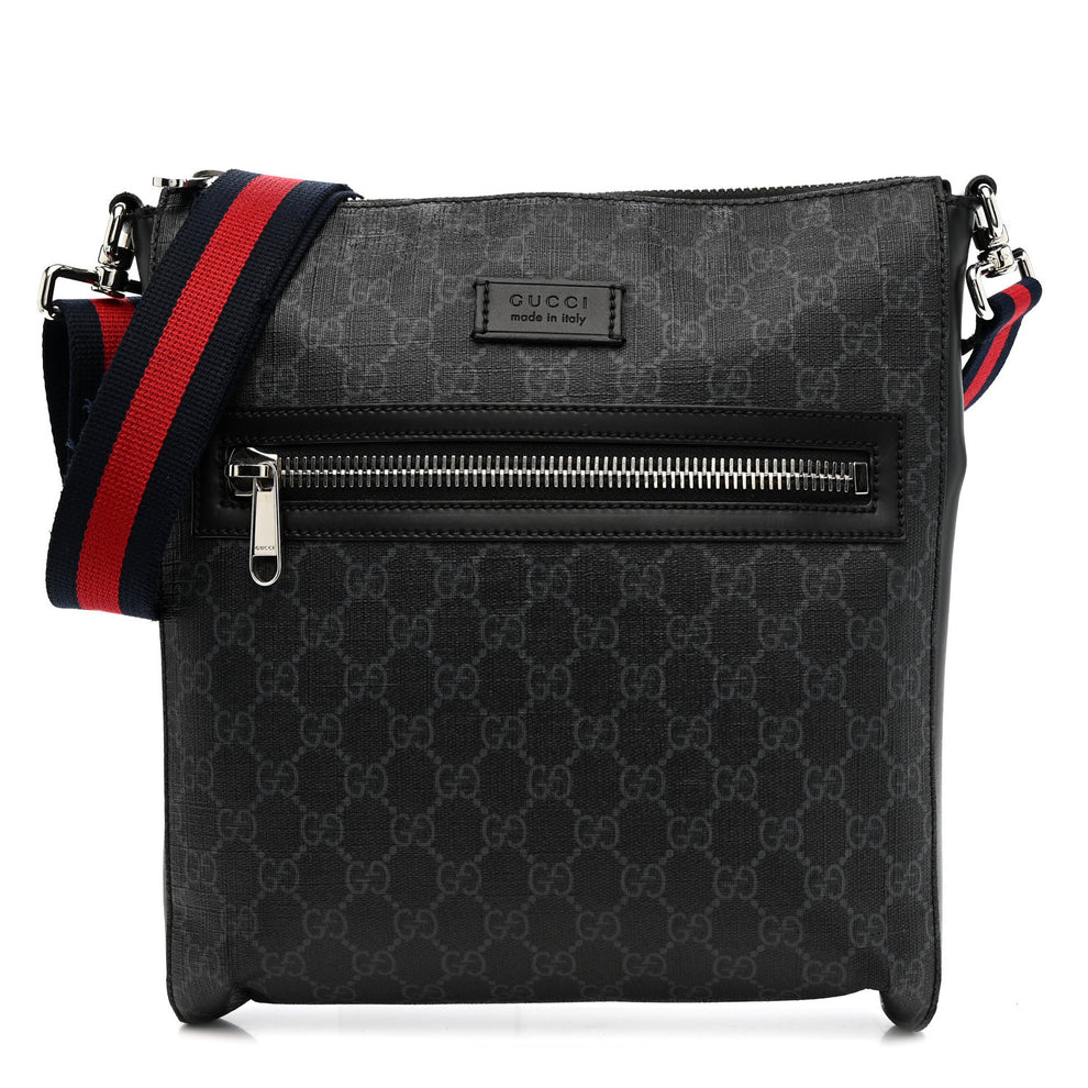 GG Supreme Monogram Appia Calfskin Web Flat Messenger Bag Black Grey