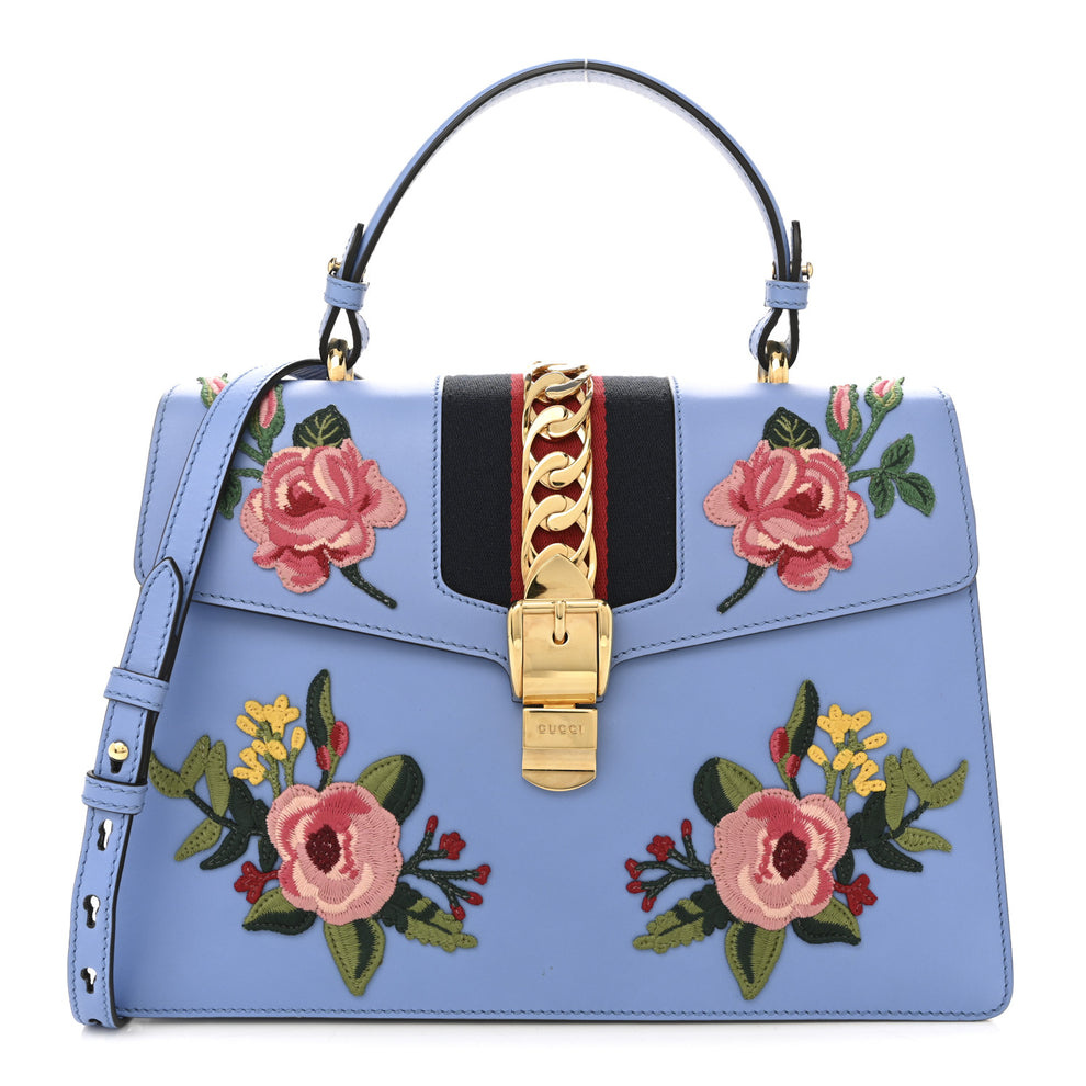 Calfskin Embroidered Medium Sylvie Top Handle Bag Clear Sky Blue