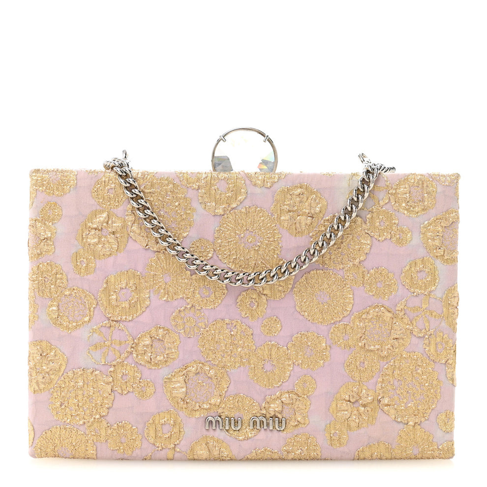 Brocade Floral Jacquard Crystal Chain Clutch Pink Gold