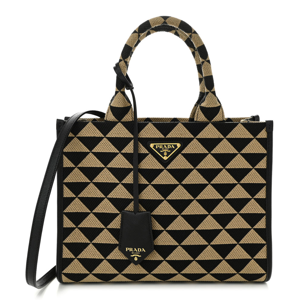 Jacquard Saffiano Triangolo Symbole Embroidered Small Tote Black Corda