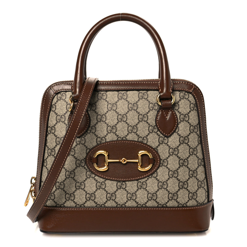 GG Supreme Monogram Azalea Calfskin Small Horsebit 1955 Top Handle Bag Beige Ebony Brown Sugar