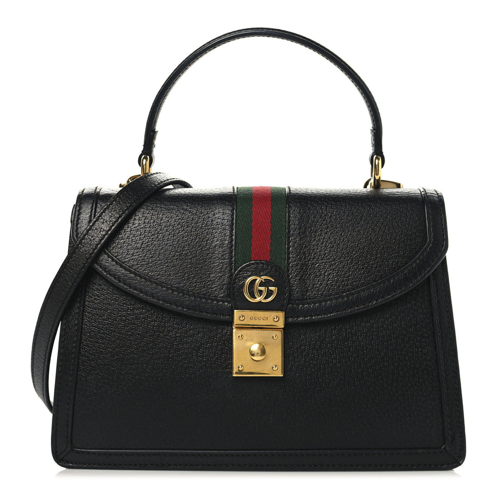 Textured Dollar Calfskin Web Small Ophidia Padlock Top Handle Bag Black