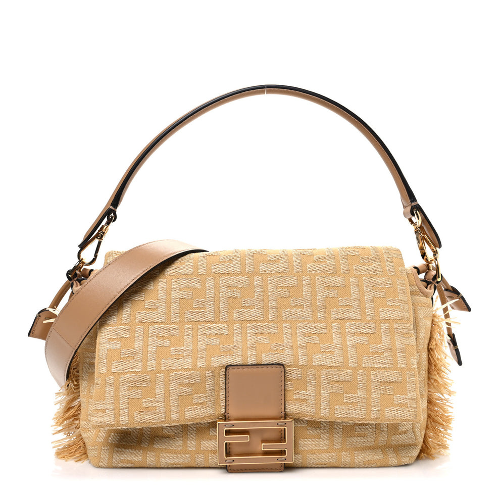 Fabric Jacquard Raffia Straw Fringe Medium Mamma Baguette Dark Honey