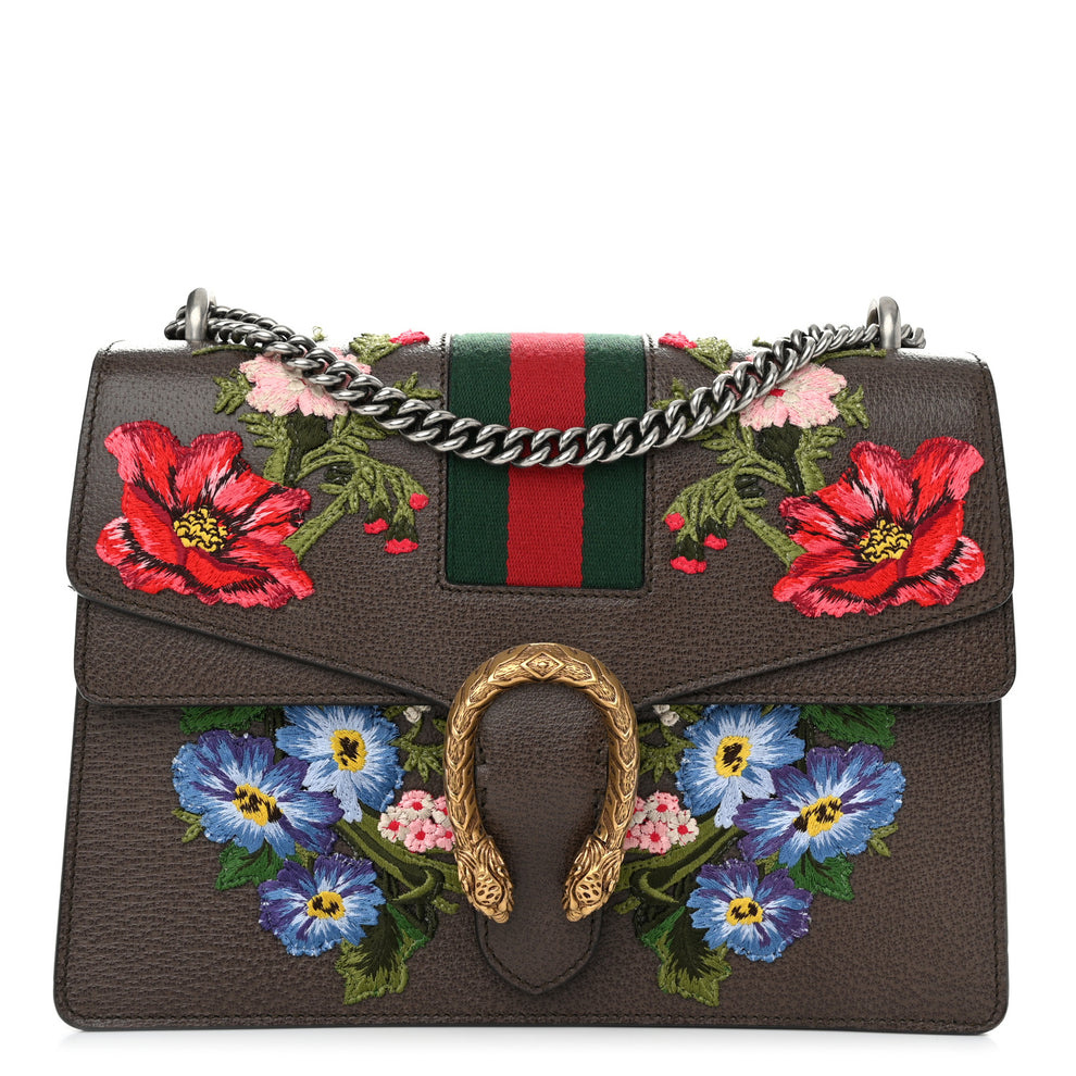 Calfskin Web Floral Embroidered Medium Dionysus Shoulder Bag New Acero