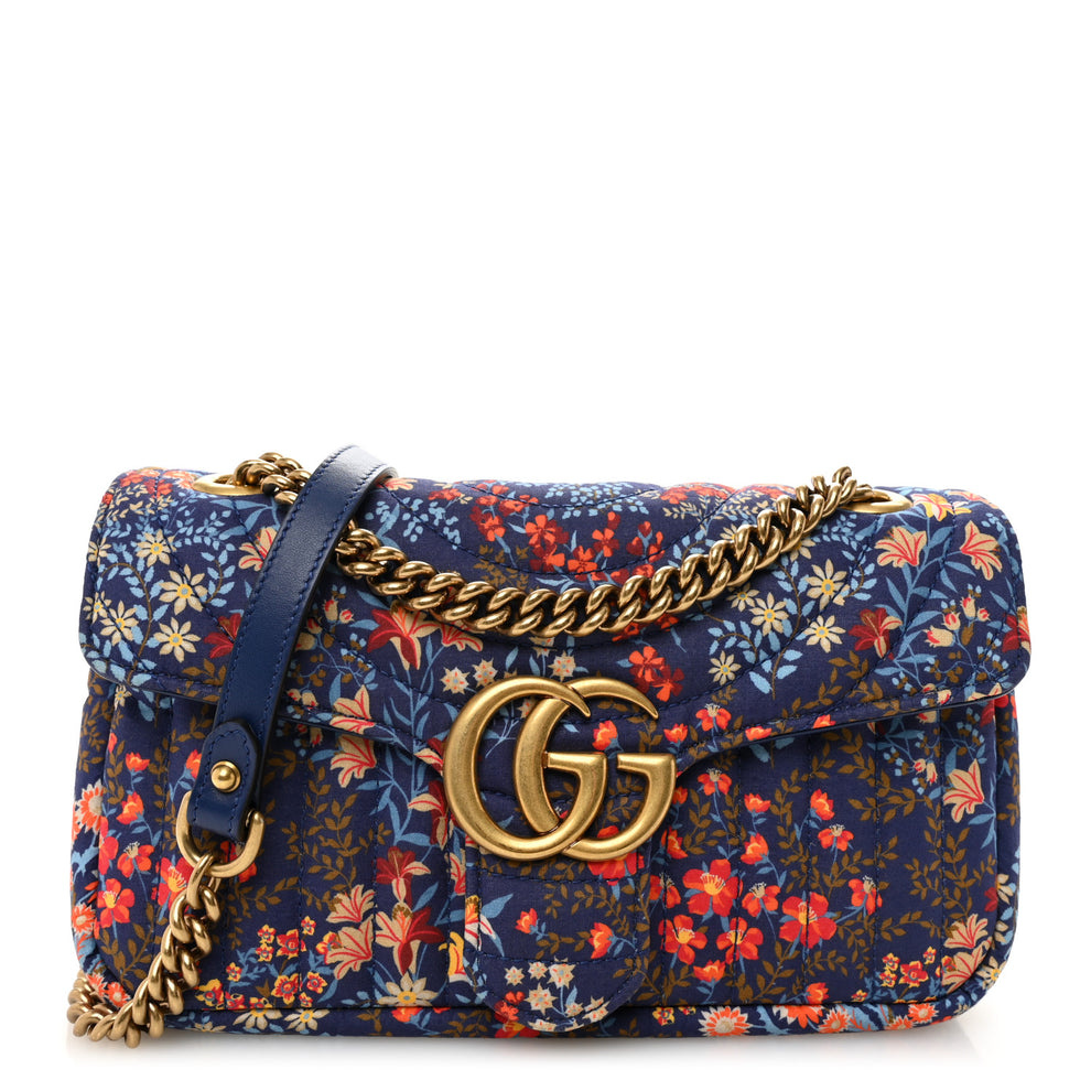 Cotton Calfskin Matelasse Floral Print Small GG Marmont Shoulder Bag Blue Red Deep Ocean Blue
