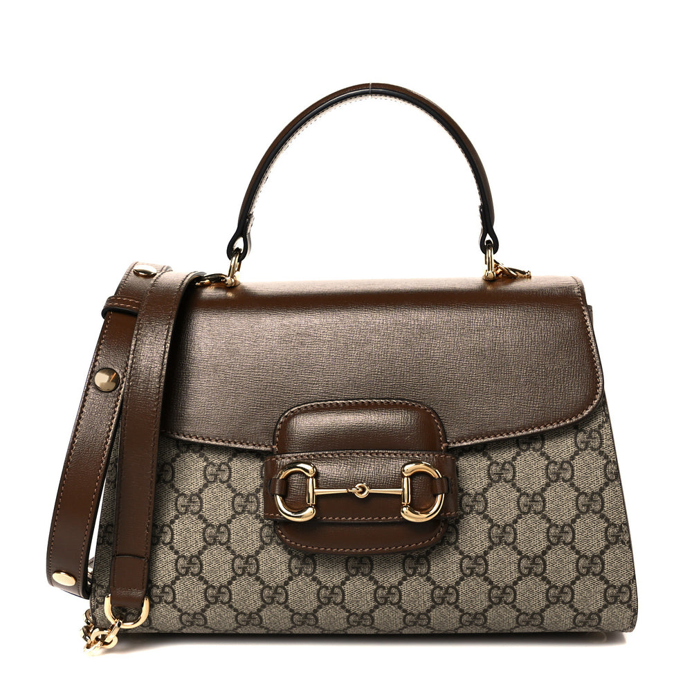 GG Supreme Monogram Calfskin Medium Horsebit 1955 Top Handle Bag Beige Ebony Brown Sugar
