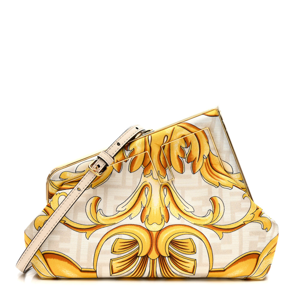 X VERSACE Silk Calfskin Fendace FF Baroque Print Medium Fendi First White Gold