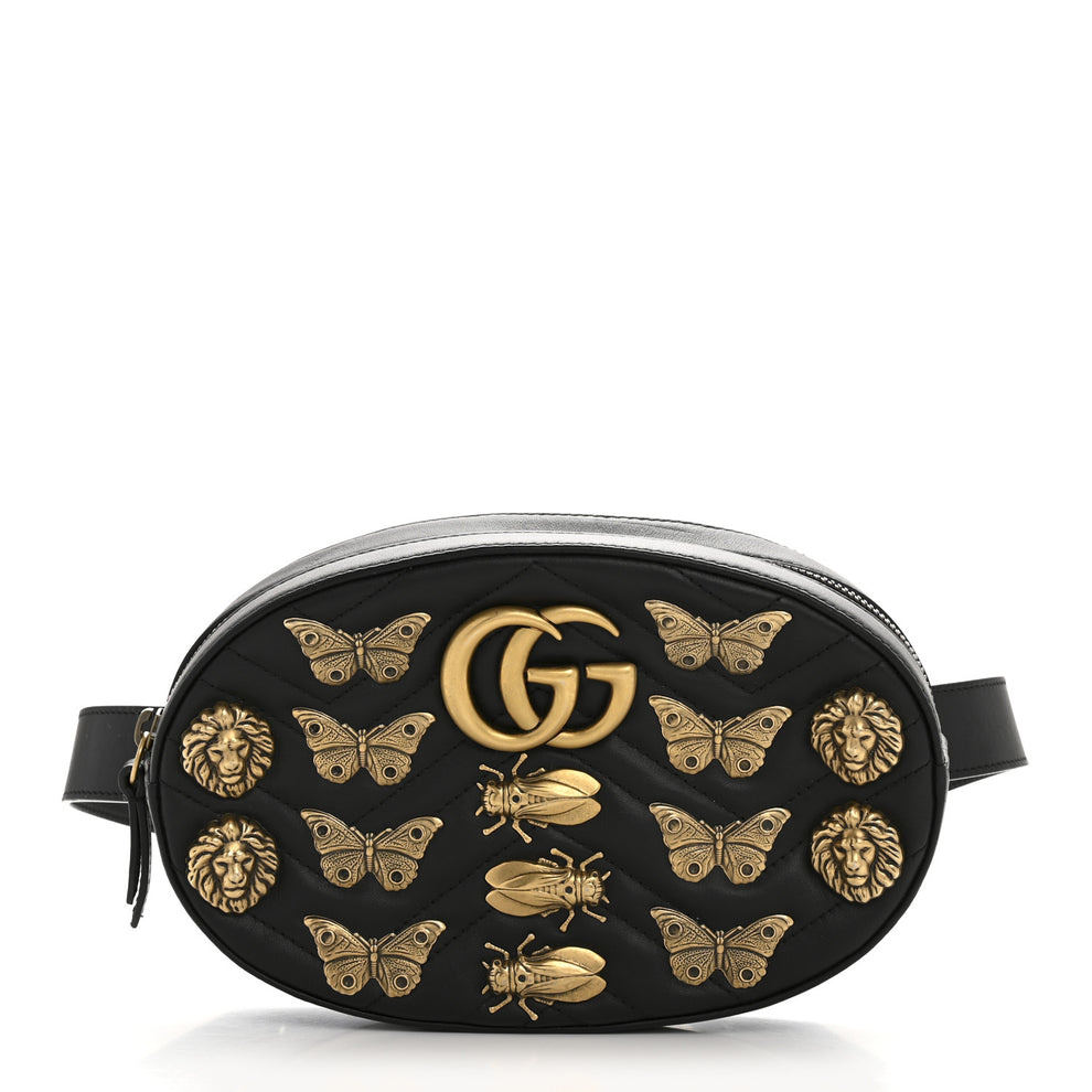 Calfskin Matelasse Animal Studs GG Marmont Belt Bag 85 34 Black