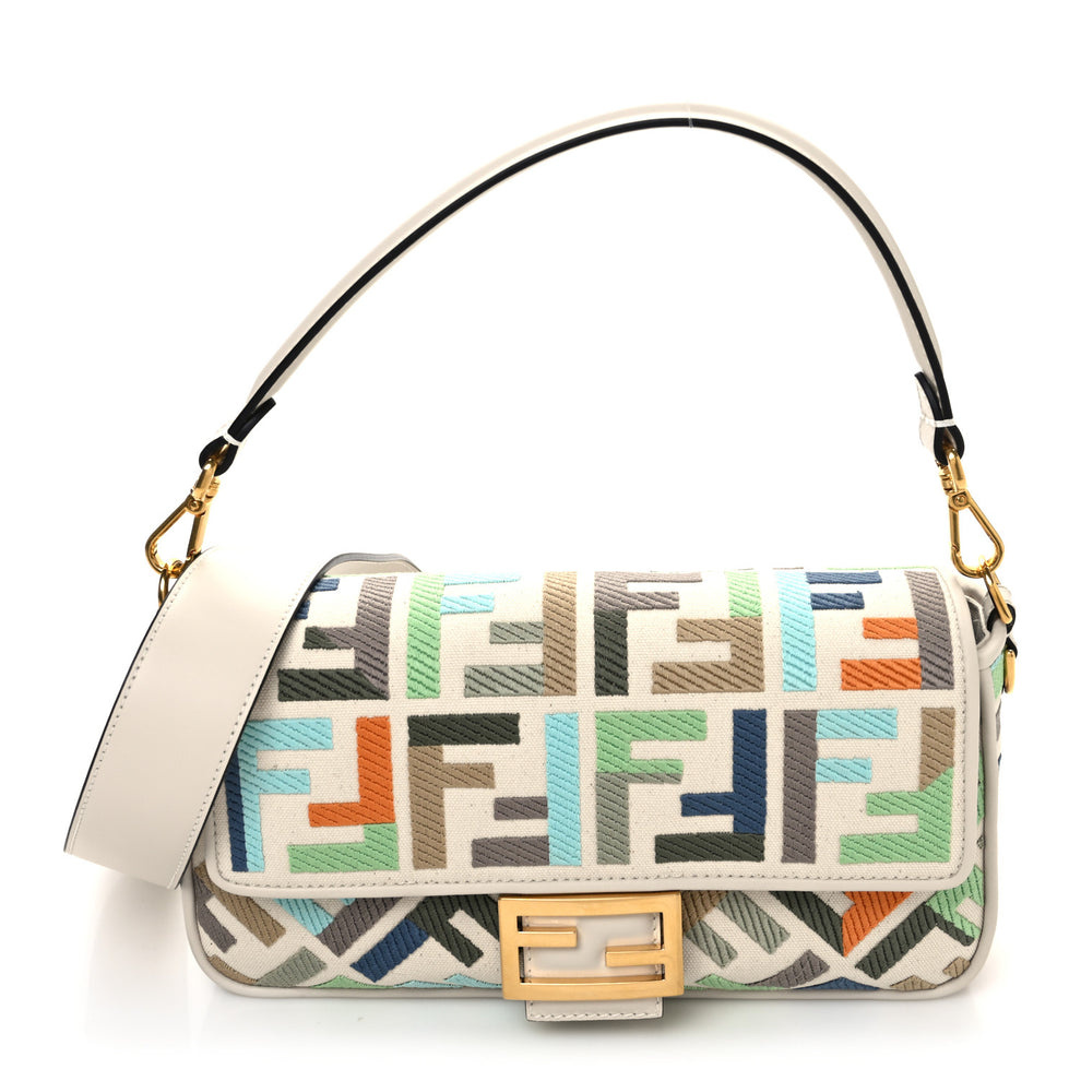 Canvas Vitello Seta FF Multicolor Embroidered Baguette Grezzo Multicolor Latte