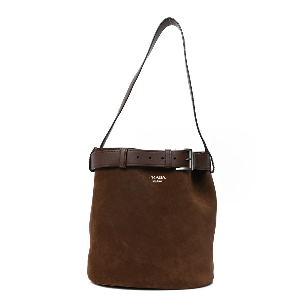 Scamosciato Suede Buckle Belted Bucket Bag Cacao