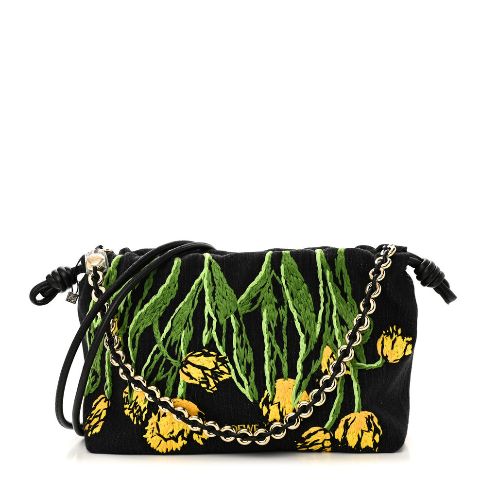 Denim Calfskin Tulip Paulas Ibiza Medium Donut Chain Flamenco Knot Clutch Black Multicolor