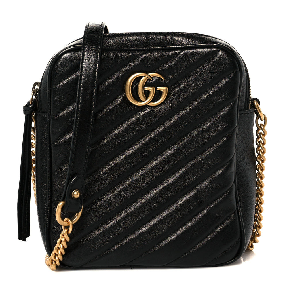 Azalea Calfskin Matelasse Diagonal Tall GG Marmont Crossbody Bag Black