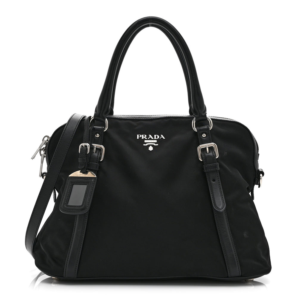 Tessuto Nylon Calfskin Dome Satchel Black