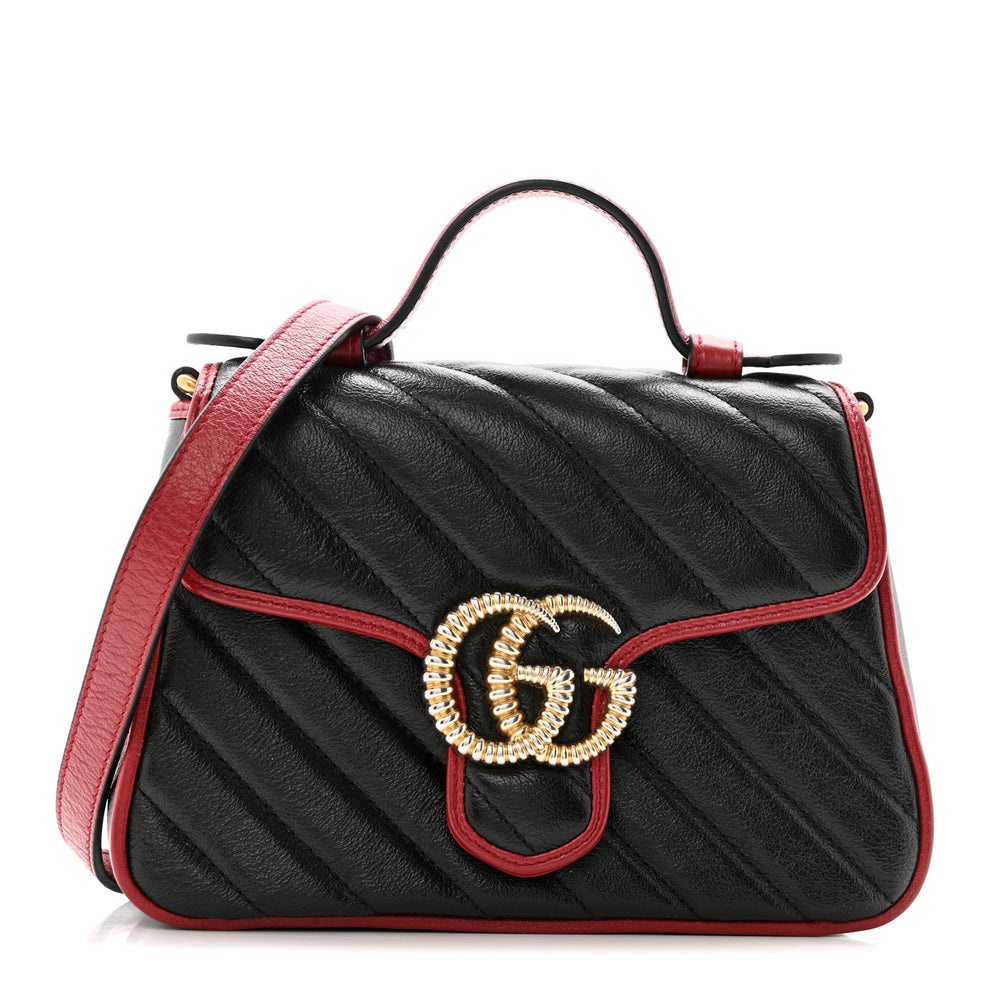 Vintage Effect Calfskin Matelasse Diagonal Mini Torchon GG Marmont Top Handle Shoulder Bag Black Romantic Cherry