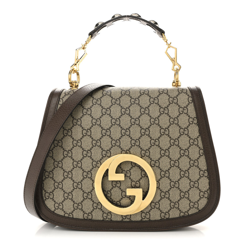 GG Supreme Monogram Textured Dollar Calfskin Web Medium Blondie Top Handle Shoulder Flap Bag Beige Ebony New Acero