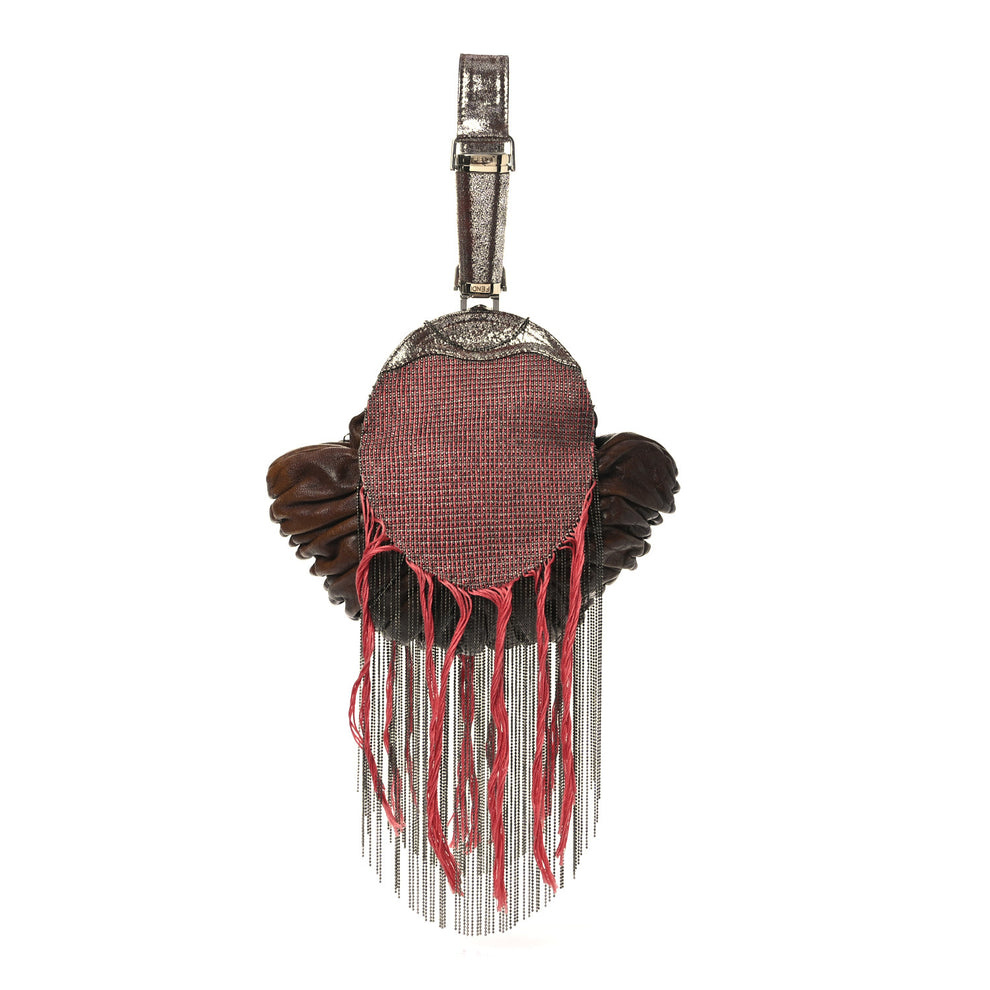 Nappa Nuvolata Beaded Fringe Spy Clutch Brown Red