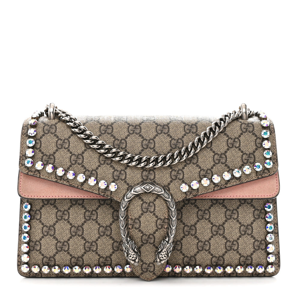 GG Supreme Monogram Suede Crystal Small Dionysus Shoulder Bag Beige Ebony Light Peonia
