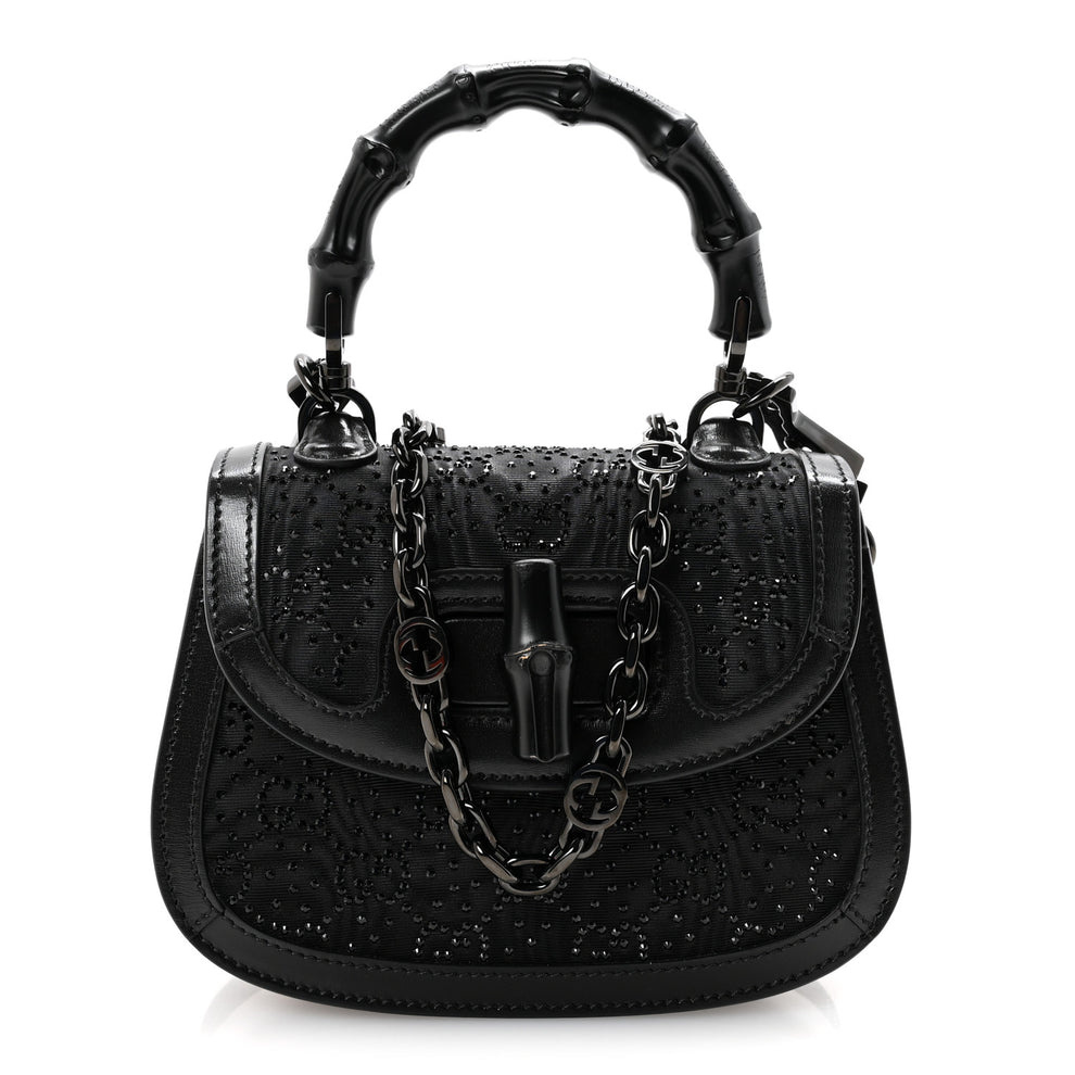 Moire Fabric Calfskin Rhinestone Monogram Monochrome Mini Bamboo 1947 Top Handle Chain Bag Black